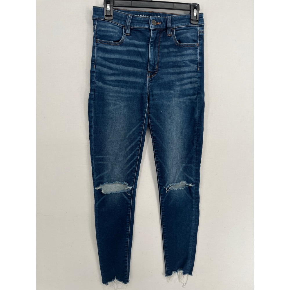 American Eagle Next Level Stretch Skinny Jeans Ripped Knee Raw Hem Blue Size 4 R